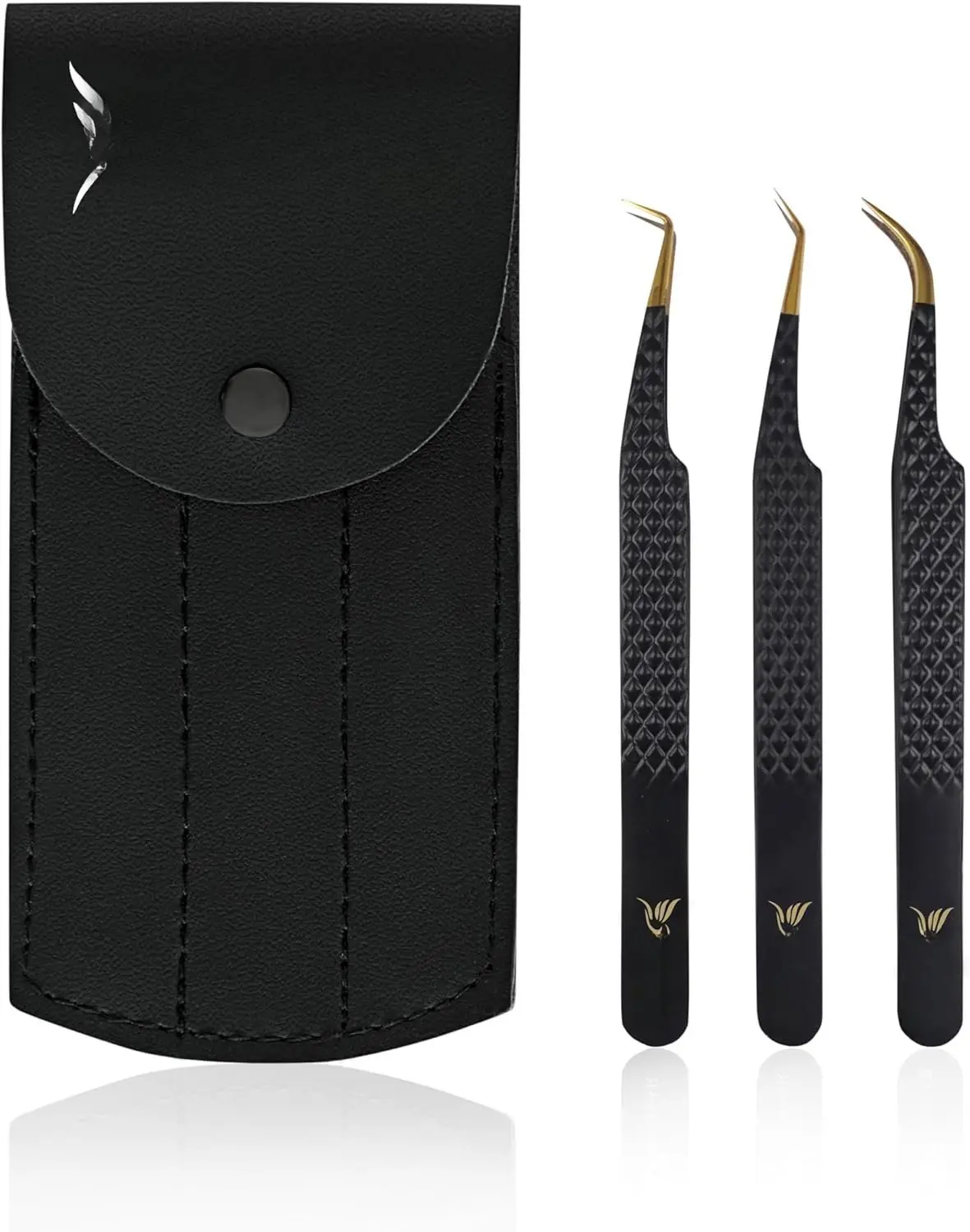 Eyelash Extensions Tweezers, Set of 3 - Stainless Steel with  Grip for Volume lash Extension - Fiber Tip Tweezers for Multipurpose & Application (Black)