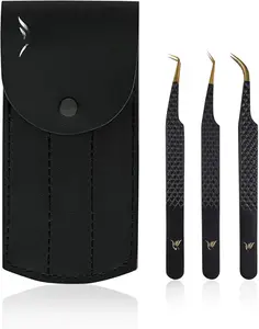 Eyelash Extensions Tweezers, Set of 3 - Stainless Steel with  Grip for Volume lash Extension - Fiber Tip Tweezers for Multipurpose & Application (Black)