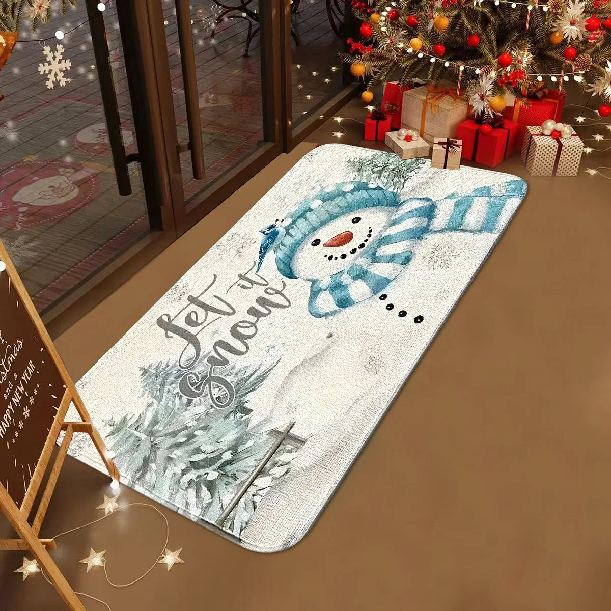 Blue Snowman Flannel Rug, House Decor Rug, Winter Christmas Style, Comfortable Material, High Absorbency, Perfect for Entryway, Festive Home Decor