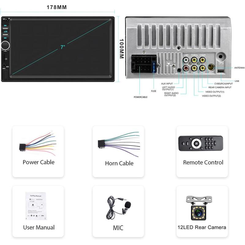7 Inch Apple Carplay 2 Din Car Radio with Android Auto Bluetooth Handsfree Touchscreen Car Radio with Mirror Link FM/USB/AUX/EQ/TF/AUX/SWC + Rear Camera+Microphone