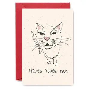 Savage Cat Birthday Roast Card - Smirking White Feline with Bloody Dagger & 'HEARD YOU'RE OLD' Sassy Greeting, Pink Ears & Nose on Beige Speckled Background, Perfect for Birthday Prank Gifts, Perfect Gift for Unfiltered Besties, Fun Party Cards