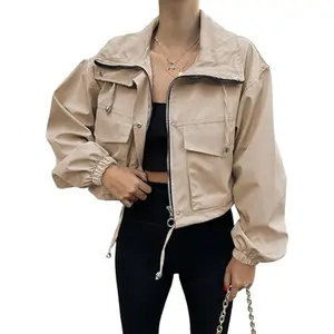 Imily Bela Womens Cropped Jacket Zip Up Lightweight Oversized Utility Anorak Coat with Pockets