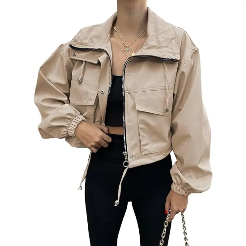 Imily Bela Womens Cropped Jacket Zip Up Lightweight Oversized Utility Anorak Coat with Pockets