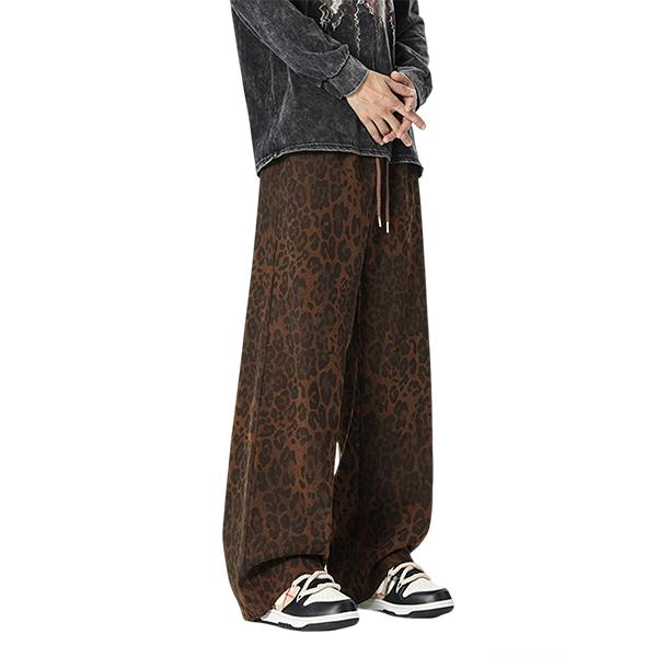 Men's Soft Brown Leopard Print Wide Leg Pants, Casual Drawstring Baggy Trousers, Perfect for Street, Skate, Daily & Streetwear