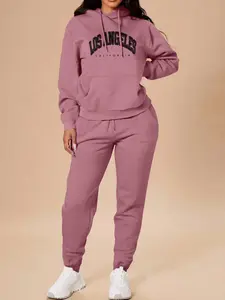 Women's Long Sleeve Hoodie Set, Christmas Cartoon Print Sweatshirt & Pants, Casual Fitted for Fall & Winter