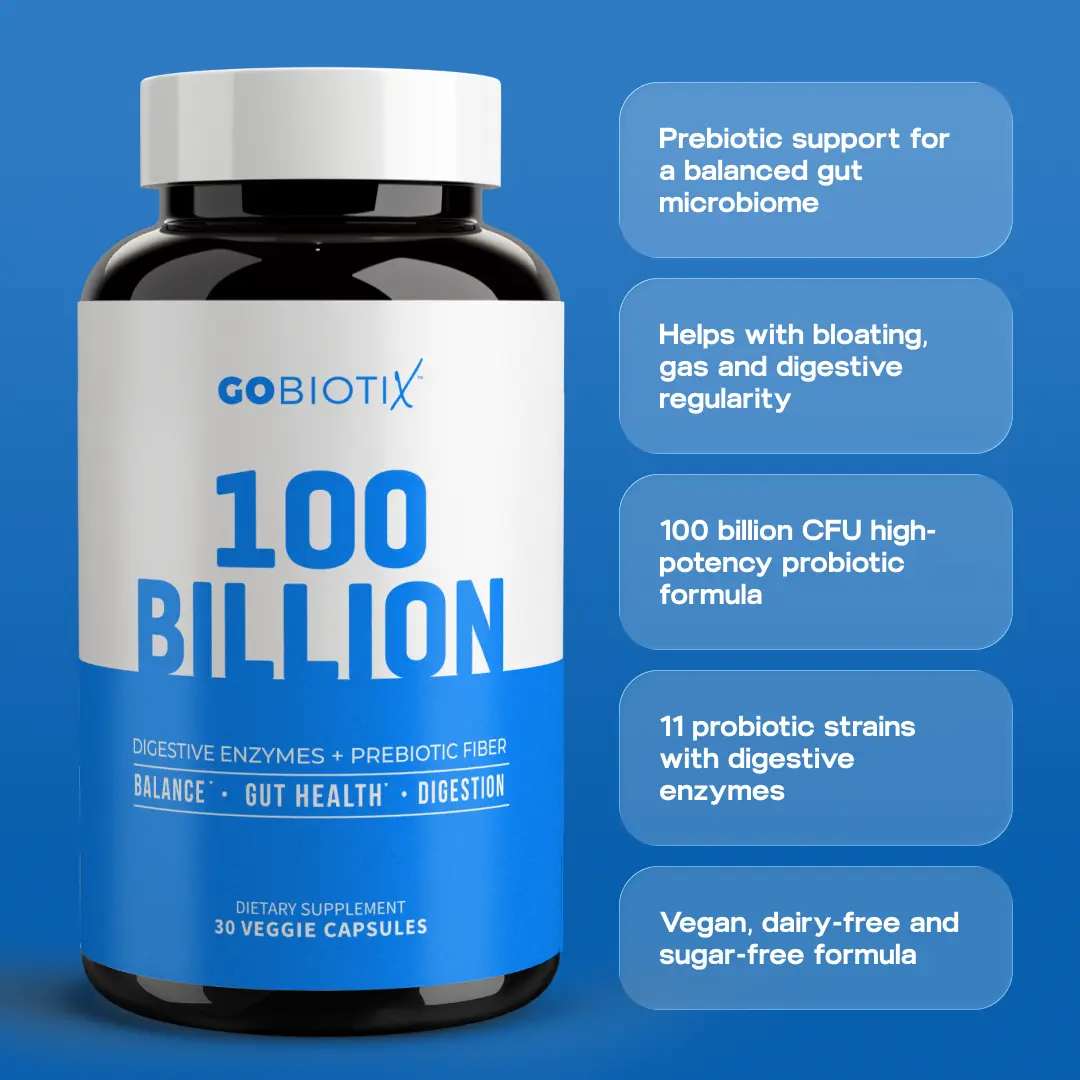 GoBiotix 100 Billion CFU Supplement with Digestive Enzymes & Prebiotic Fiber for Gut Health and Digestion 30 Veggie Capsules