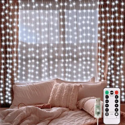 300 LED Curtain Lights, 9.8Ft x 9.8Ft USB Plug in Christmas Fairy Curtain Lights with Remote, Hanging String Light for Bedroom Backdrop Window Wall Wedding Decor, Cool white