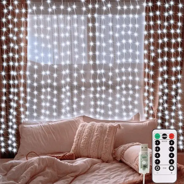 300 LED Curtain Lights, 9.8Ft x 9.8Ft USB Plug in Christmas Fairy Curtain Lights with Remote, Hanging String Light for Bedroom Backdrop Window Wall Wedding Decor, Cool white
