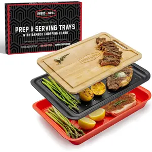 AVIEUS Grill Prep and Serving Trays| Set of 3 Stackable, Trays with Bamboo Cutting Board| Trays for Marinating, Serving & Chopping| Serving Platter for Plating Food & BBQ Prep Tub|