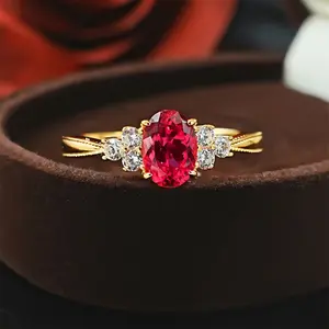 1-carat red ruby open ring for women, gold-plated, suitable for daily commuting, elegant imitation ruby jewelry