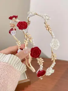 Women's Elegant Faux Pearl Decorated Tiara Hair Hoop (2pcs), Exquisite Trendy Flower & Leaf Design Hair Hoop, Fashionable Hair Accessories for Women & Girls, Sparkling Flower Headbands, Headbands Women