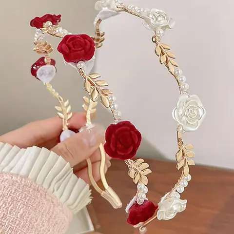 Mother's Day Gift Women's Faux Pearl Accents Decorated Tiara Hair Hoop (2pcs), Floral and Leaf Elements Hair Hoop, Hair Accessories for Women & Girls, Headbands, Fashion Headband, Chic Headbands, Sparkling Flower Headbands, Floral Hairband