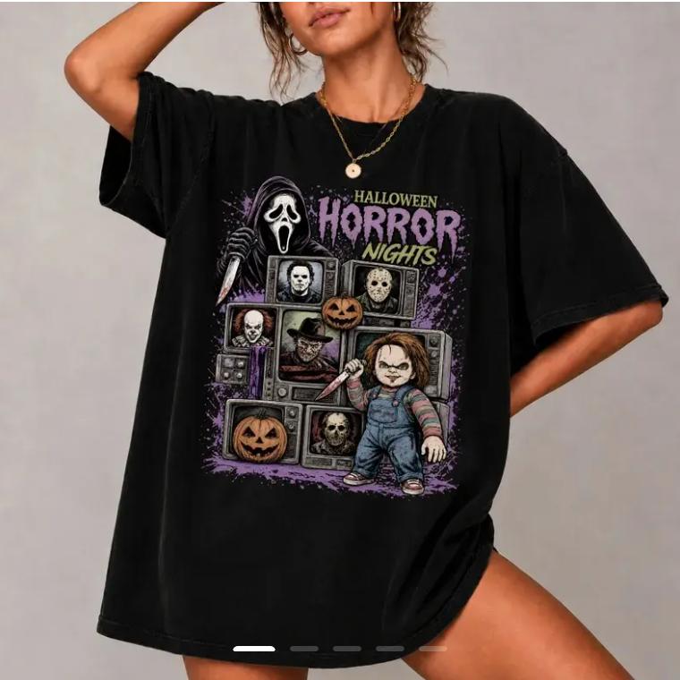Women's Classic Horror Character Graphic Tee - Comfortable, Lightweight Crew Neck Short-Sleeve Print Top, Stylish Spooky Fall Outfit for Horror Fans, Ideal Halloween Party Gift