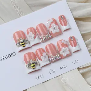 10 Piece Duckbill False Nail Set, Hand Carved, French Design, Colorful Diamond French Style, Bee Alloy Decorations