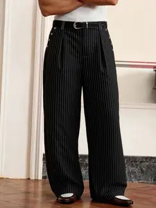Anti-Wrinkle Soft Striped Classic Casual Pants With Pockets, Versatile Fitted Wide Leg Pants, Unisex Loose Straight Fit, Slimming Drape Long Trousers, Casual Chic Trousers, Casual Fashion Comfy