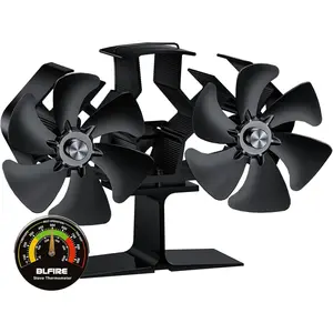 Heat Powered Dual Motor Wood Stove Fan Non Electric Heat Activated for Wood Burning Stove Thermoelectric Fireplace Fan with Stove Thermometer Stove Accessories