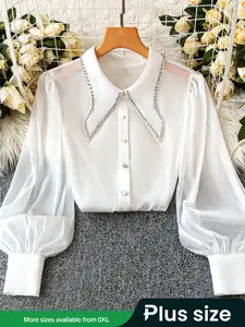 Elegant Plus Size Women's Long Sleeve Shirt Blouse, Rhinestone Collar, High Fashion Comfortable Commuter Wear, Stylish Office