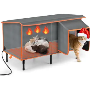 Upgraded Version Heated Cat House for Outside in Winter, Weatherproof Outdoor Cat House with Cat Heating Pad, Waterproof &Safe Escape Door, Insulated Cat Shelter with Heater for Feral Barn Cats Kitty