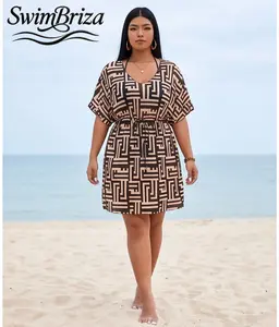 Briza｜Plus Size Swimsuit Cover Up Dress Women V-Neck Drawstring Beach Cover Ups Bathing Suit Cover Up Vacation Swimwear Geometric Print Beige Black Summer Pool Resort Retro Swimwear, Women's Swimwear, Bathing Suit for Women, Cover Up Swimwear