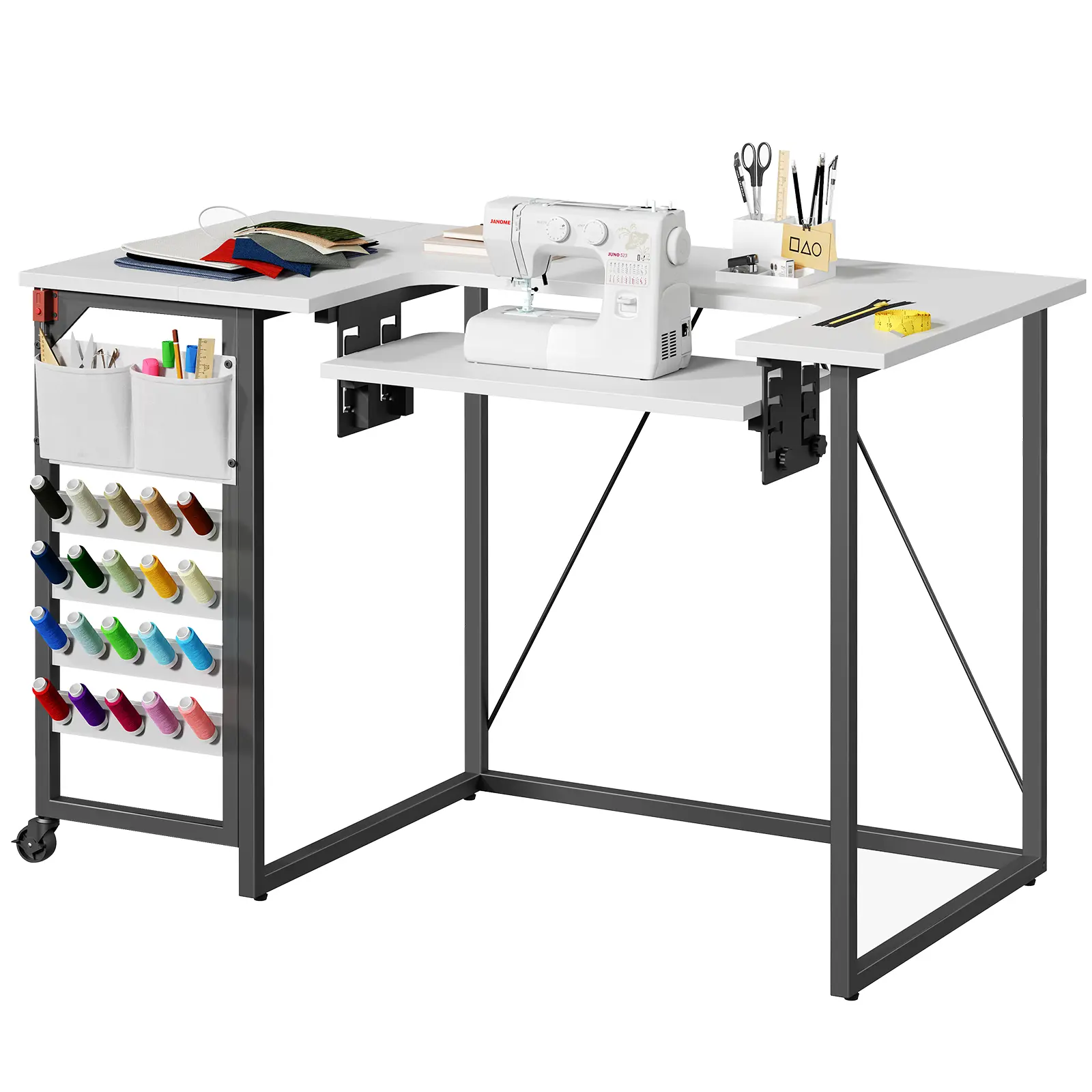 HOOBRO Folding Sewing Table - Minimalist Sturdy Durable Engineered Wood Craft Table with Height Adjustment, Lockable Wheels, Storage Shelves, Pegs, 2 Non-Woven Pouches, Metal Frame, for Apartment Use, White and Black (Assembly Required)