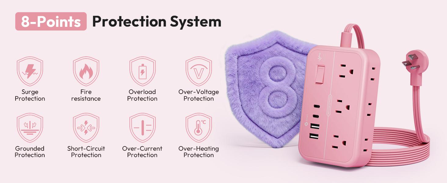 Pink Extension Cord Surge Protector Power Strip with 6 Outlets 4 USB Ports(20W), Flat Extension Cord with Multiple Outlets, 5 ft Flat Plug Outlet Extender for Indoor, Home, Office