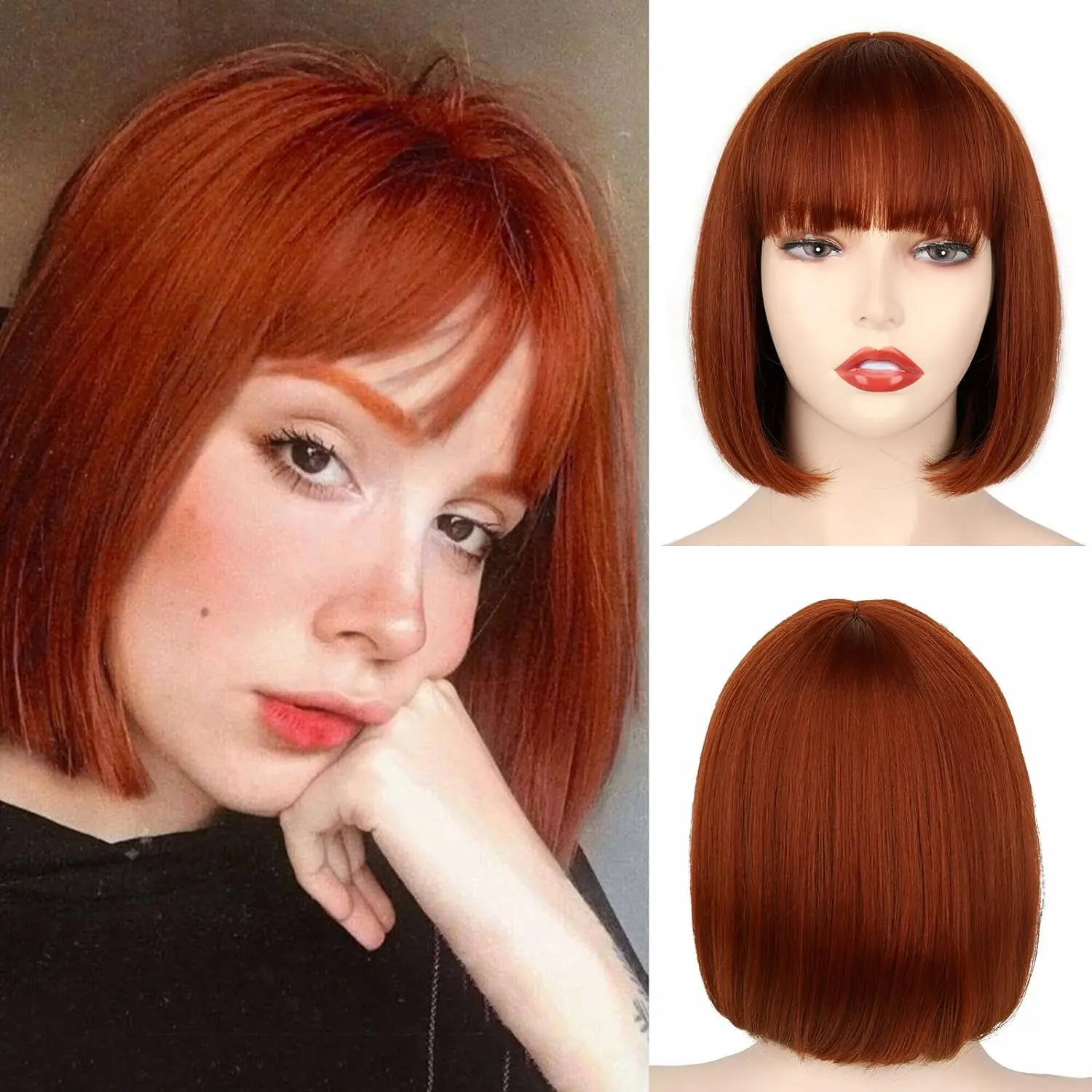 Xinran Red wig with bangs, short red Bob wig for women, Auburn wig Bob with bangs for daily party Cosplay