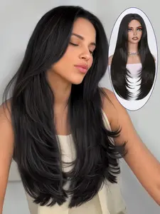 26 Inch Long Layered Straight Wig, French Parting Bangs, Natural Style, Heat Resistant Synthetic Fiber, Women's Daily Party Wig