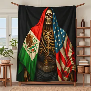 Mexican & American Flag Skull Blanket Unique Graphics, Soft Knitted Fabric Multi-Size Warm Throw, Home Decor, Comfortable Fashion Design, All Seasons Use, Multiple Sizes