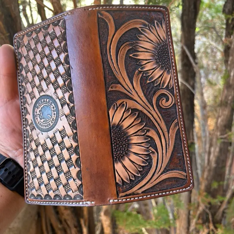 Hand made and hand tooled leather long wallet.