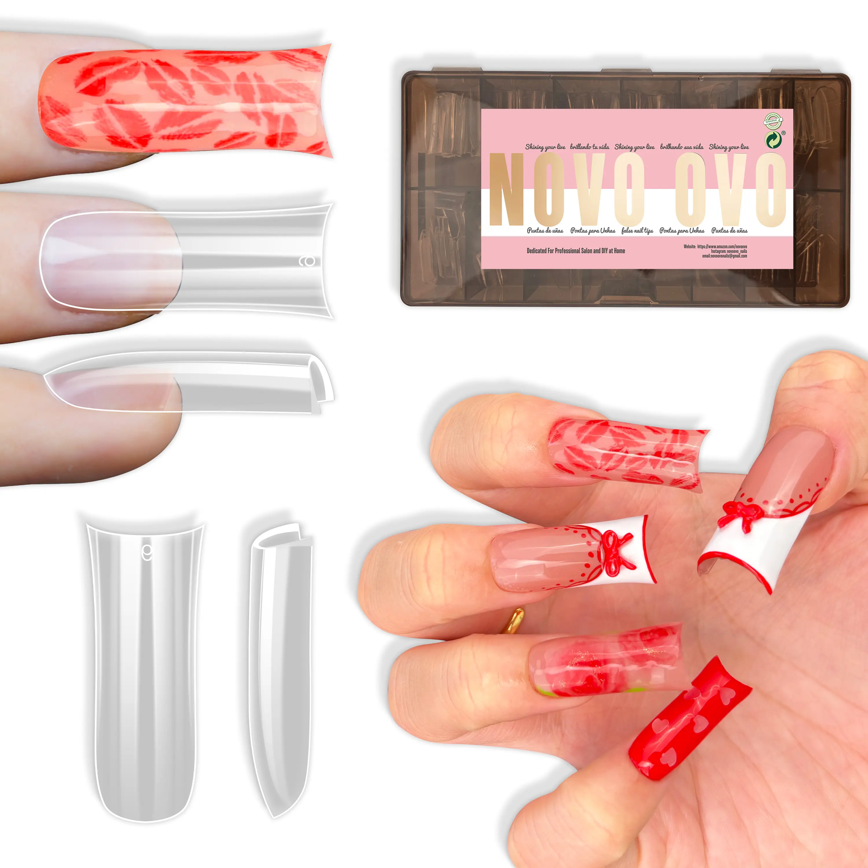 NOVO OVO Long Duck Nail Tips Full Cover Gel X Sculpted (not Natural) Soft Gel Duck Nails Tips with Moon Curve for Deep C-Curve Beds, Extra Thick Flare Tips, Transparent Clear, 15 Sizes 240 Pcs