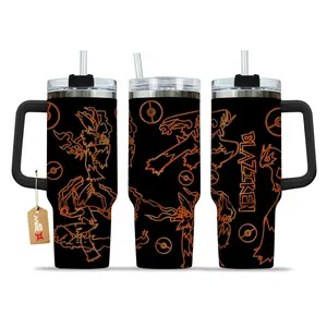 STORMMECH- Blaziken 40oz Handle Tumbler – PKM Stainless Steel Travel Mug, Anime Inspired Vacuum Insulated Cup, Large Iced Coffee Tumbler, Manga Fighter Drinkware, Otaku Gift for Him Her