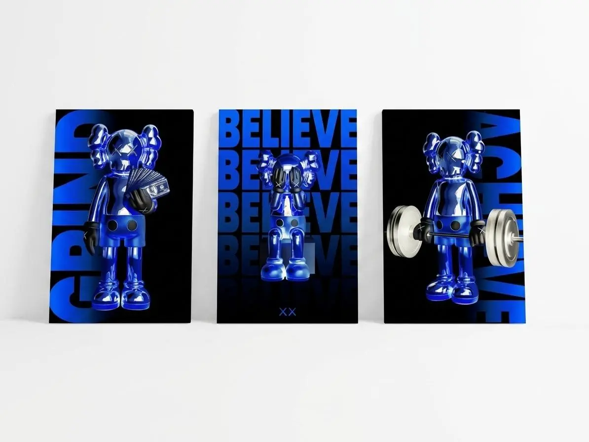 Set of 3 Blue KawMotivationalWall Art Posters, Hypebeast Decor Prints #311 Decoration Items Illustrations