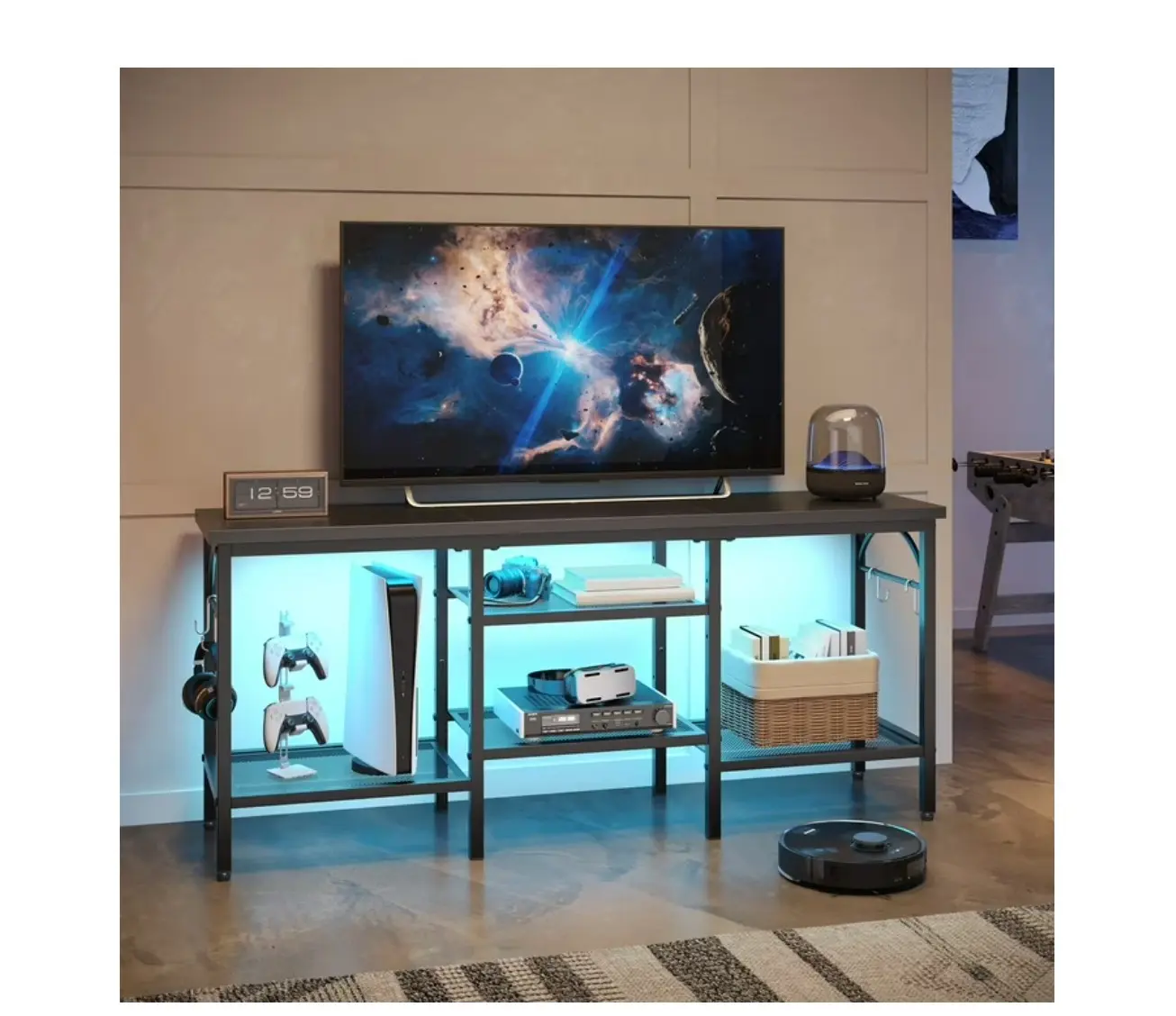 TV Stand for TVs up to 55 Inch, LED Light Entertainment Center with Open Storage Shelves, TV Media Console Table for Living Room, Bedroom, Black