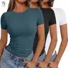 AUTOMET Womens 3 Pack Boat Neck Tops Short Sleeve Shirts Compression Basic Tops,Y2K Aesthetic Slim Fit,Professional Business Casual, Polished Teacher Outfits