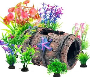 Fish Broken Barrel Decor Fish Tank Decorations Betta Fish Tank Accessories,Starfish Barrel x 1pc, Aquarium Plants x 8pcs