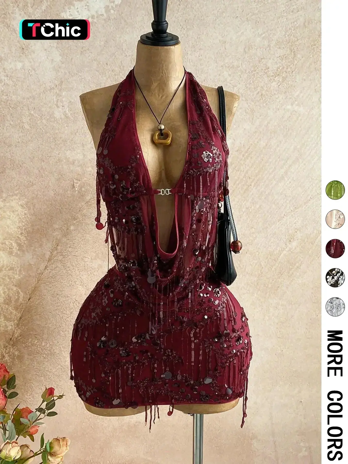 2026 Women's Halter Sequin Fringe Crop Top Mini Skirt Mesh Sheer Two-Piece Set Y2K Party Nightclub Rave Going-Out Outfits