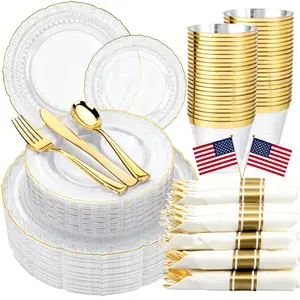 175PCS Clear Gold Plastic Plates - Gold Disposable Plate Service for 25 Guests - 50 Plastic Plates, 25Pre-Rolled Napkins with Cutlery, 25 Cups Perfect for Wedding,Party and  Independence Day