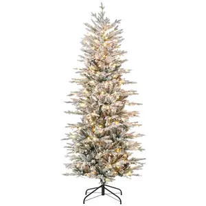 HOMCOM 6ft/7.5ft Tall Prelit Artificial Christmas Tree Holiday Décor with 636 Snow Flocked Branches, 250 Warm Yellow Clear Lights, Auto Open, Extra Bulb