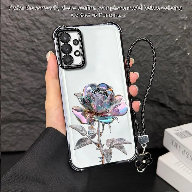 Suitable for [Galaxy A32 5g] high-end women's phone case🥰，a beautiful four-leaf clover lanyard is included🍀，electroplated Four-Corner Shockproof phone casesophisticated, minimalist rose pattern YM99