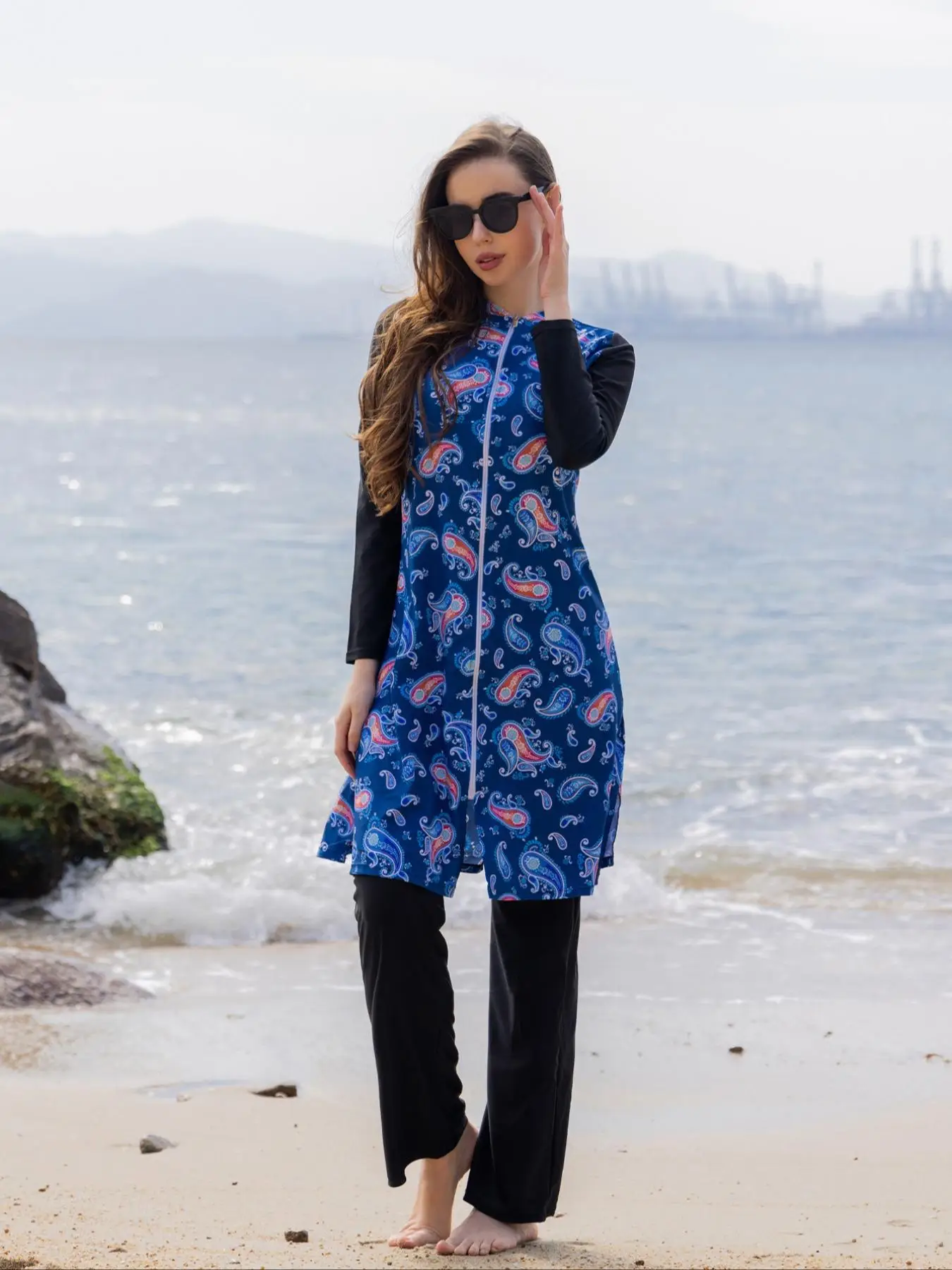 Women's Paisley/Ethnic Pattern Long Sleeve Open Front Top & Pants Islamic Swimsuit Set, Casual Zip Front Swim Top & Pants, Ladies Muslim Swimwear for