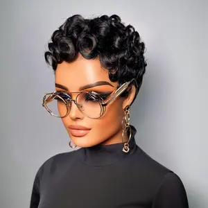 Elegant Short Curly Synthetic Hair Wig Pixie Cut with Bangs Natural Black Color for Black Women Full Machine Made Glueless Daily Use Wig