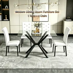 [2 Packages]Clear Tempered Glass Dining Table Set of 5, Modern Kitchen Table with 4 Faux Crocodile Chairs Crystal Button Design for Dining Room, White Black