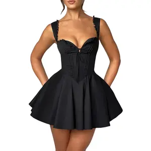 Women's Mini Corset Dress A-Line Deep V Neck Backless Ruffle Hem Sleeveless Dress for Party Club