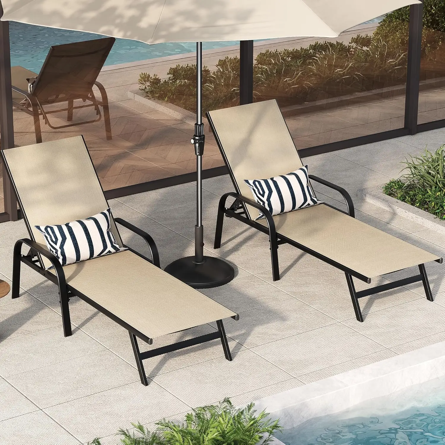 2PCS Outdoor Lounge Chairs, 5‑Position Backrest Pool Lounge Chair – Adjustable Patio Reclining Chaise w/ Textilene Fabric for Patio, Garden, Poolside & Balcony