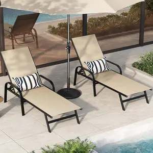 2PCS Outdoor Lounge Chairs, 5‑Position Backrest Pool Lounge Chair – Adjustable Patio Reclining Chaise w/ Textilene Fabric for Patio, Garden, Poolside & Balcony