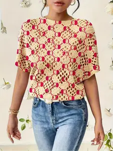 Women's Geometric Gradient Print Round Neck Sweater Pullover, Casual Batwing Sleeve Fitted Knitwear for Fall Winter, Comfortable Warm Daily Wear