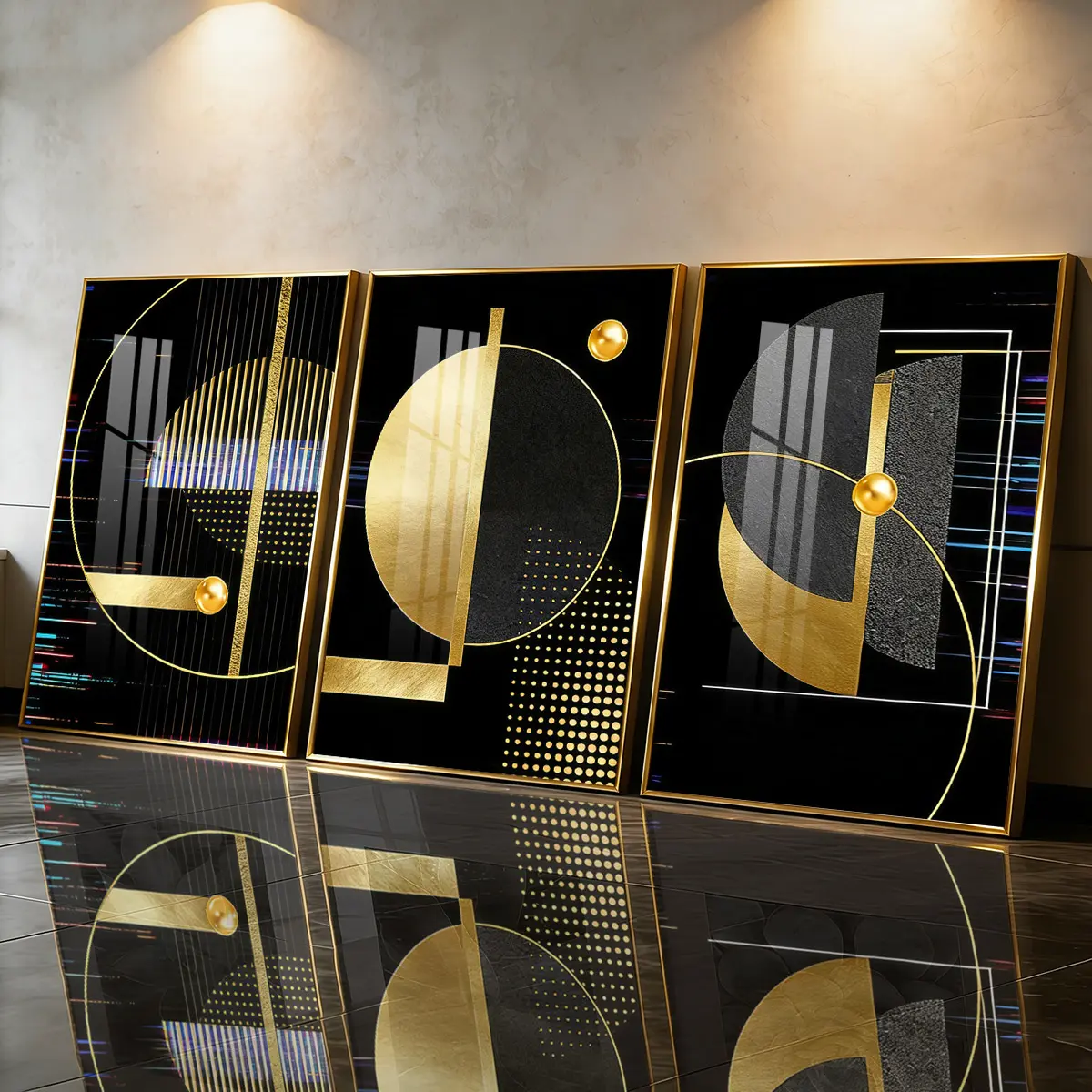 3 Count Aluminum Alloy Frame Canvas, Fashion Poster, Abstract Design, Geometric Gold And Black Abstract Art, Modern Living Room Decoration, Light Luxury Family Art, Suitable For Bedroom, Corridor And Office Aesthetic Wall Decor, Gift