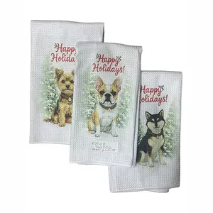 Happy Holiday Christmas Theme Kitchen Dog Towel.   Adorable Dog Design for Holiday Christmas Décor & Everyday Use High-Quality Waffle Weave Dish Towel for Drying Dishes Hands or Paws