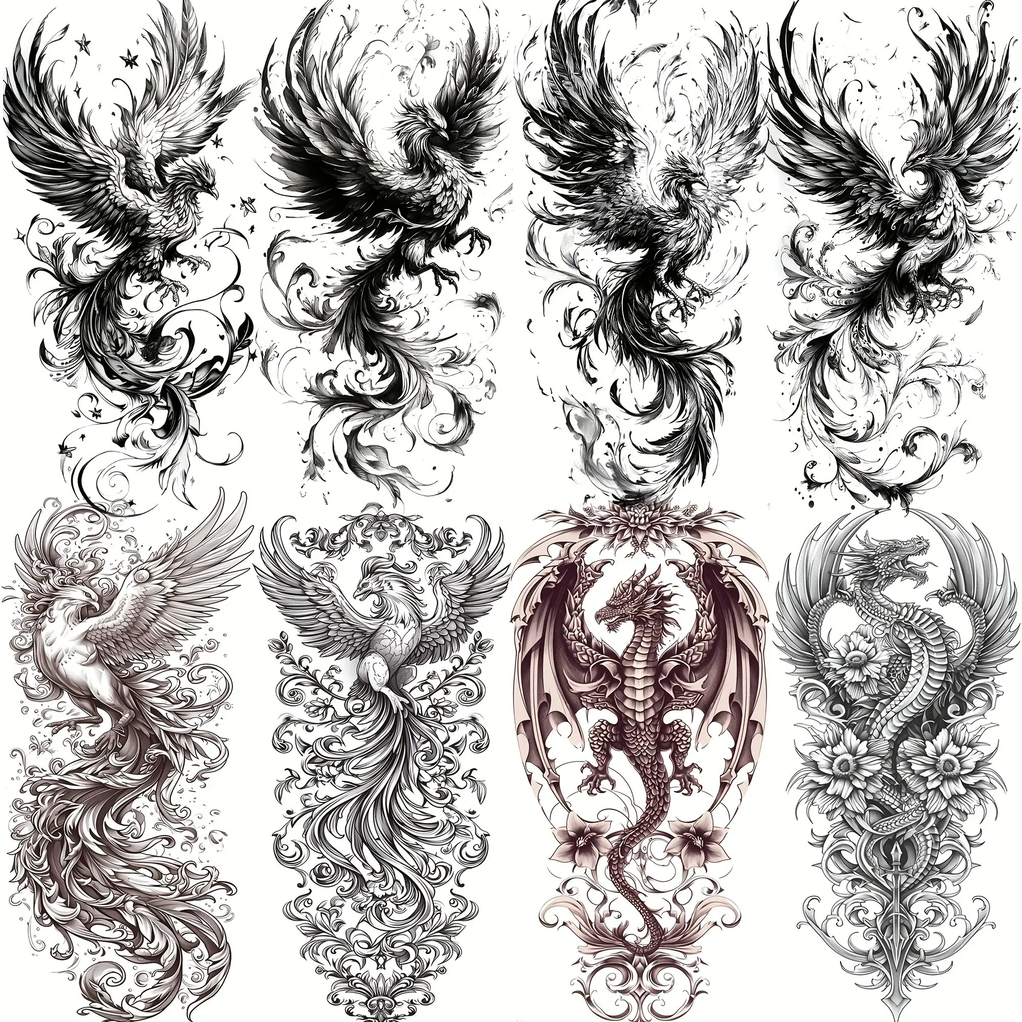 8 Sheets Flying Phoenix Raptors Temporary Tattoos, Long-Lasting Realistic Fake Tattoo Stickers, Waterproof Forearm Sleeve Decals, Floral, Body Fake Tattoos, Tattoo Art