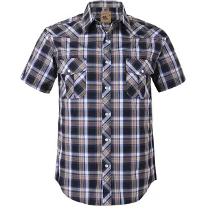 COEVALS CLUB Men's Western Cowboy Pearl Snap Short Sleeve Plaid Work Casual Shirt | High-End Fabric Durable Classic Fit Summer Menswear Top Tropical Shortsleeve